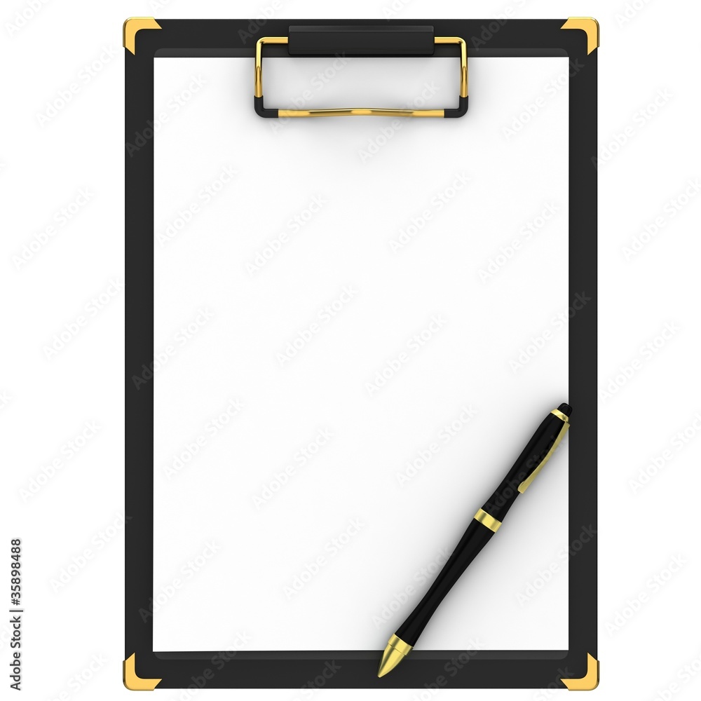 Pen, clipboard and a white paper Pen, clipboard and a white paper