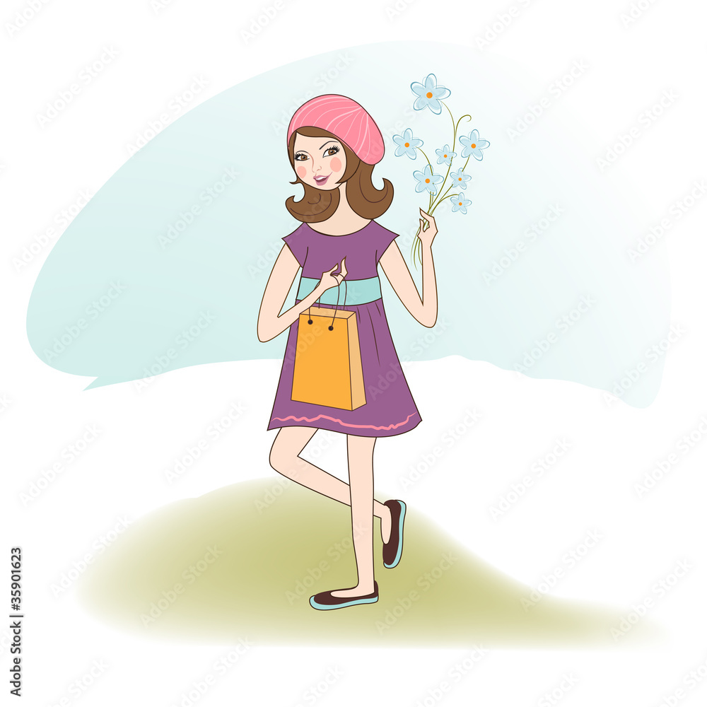 pretty girl with gift and flowers. birthday card pretty girl with gift and flowers. birthday card
