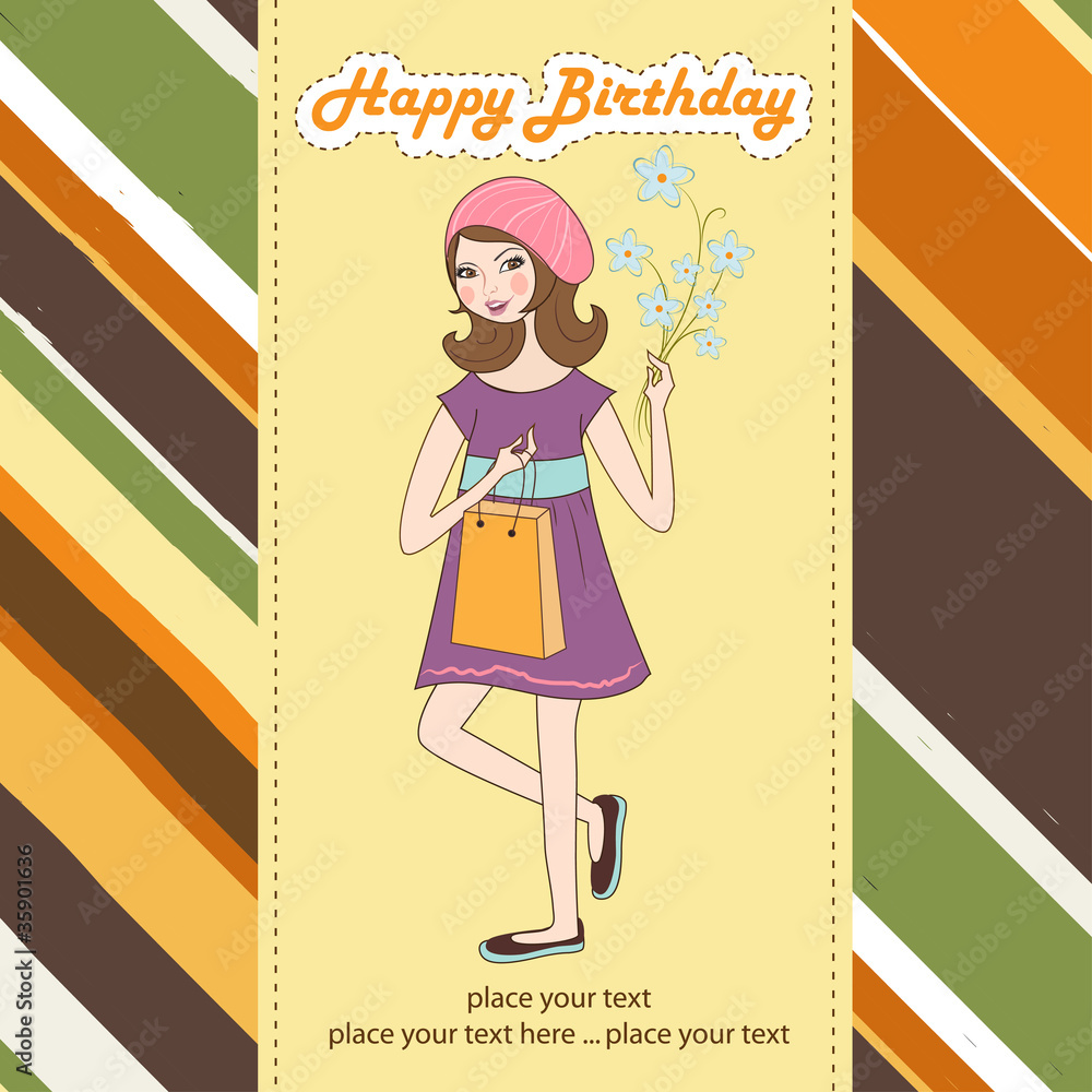 pretty girl with gift and flowers. birthday card pretty girl with gift and flowers. birthday card