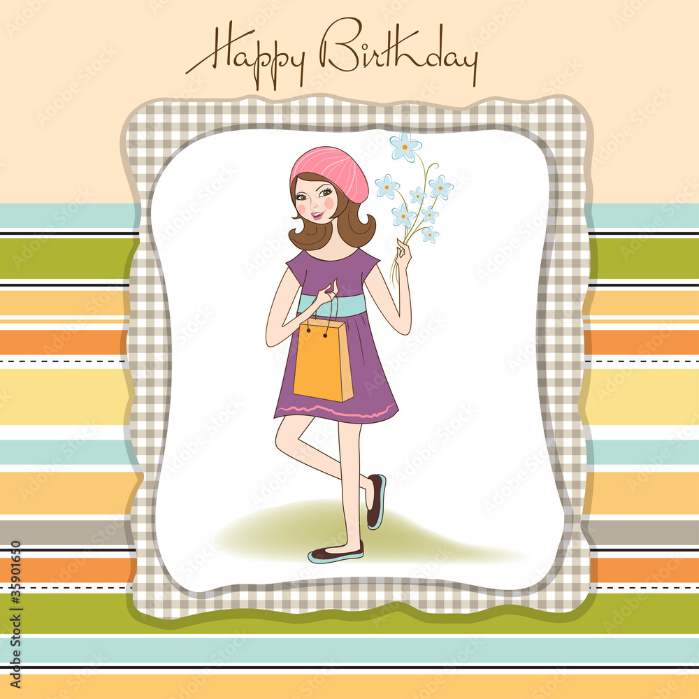 pretty girl with gift and flowers. birthday card pretty girl with gift and flowers. birthday card