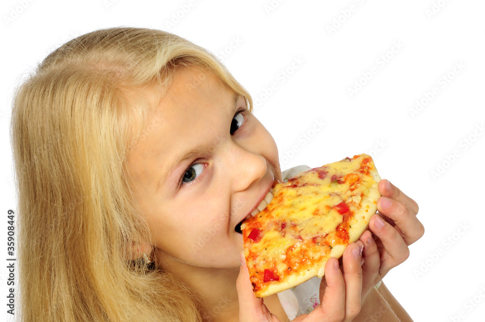 little girl eating pizza