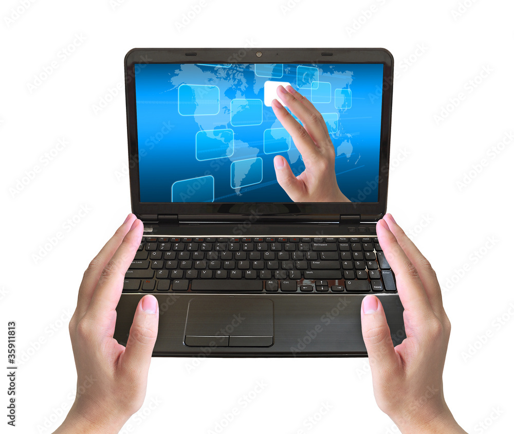 hand pushing a button on laptop PC hand pushing a button on laptop PC