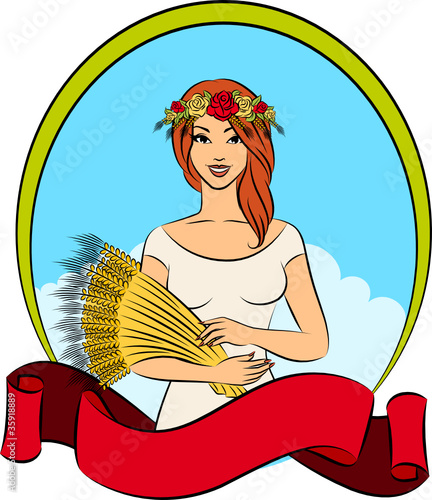 Beautiful girl with sheaf of wheat. Vector