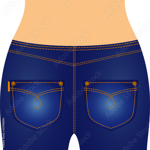 Womanish thighs are in jeans with pockets. Vector illustration