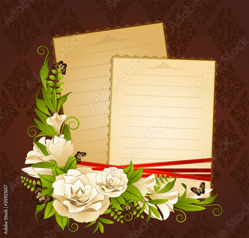 Roses with lace ornaments on background. Vector