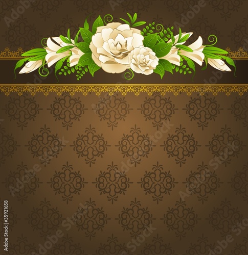 Roses with lace ornaments on background.