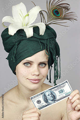 Smile of the girl with money