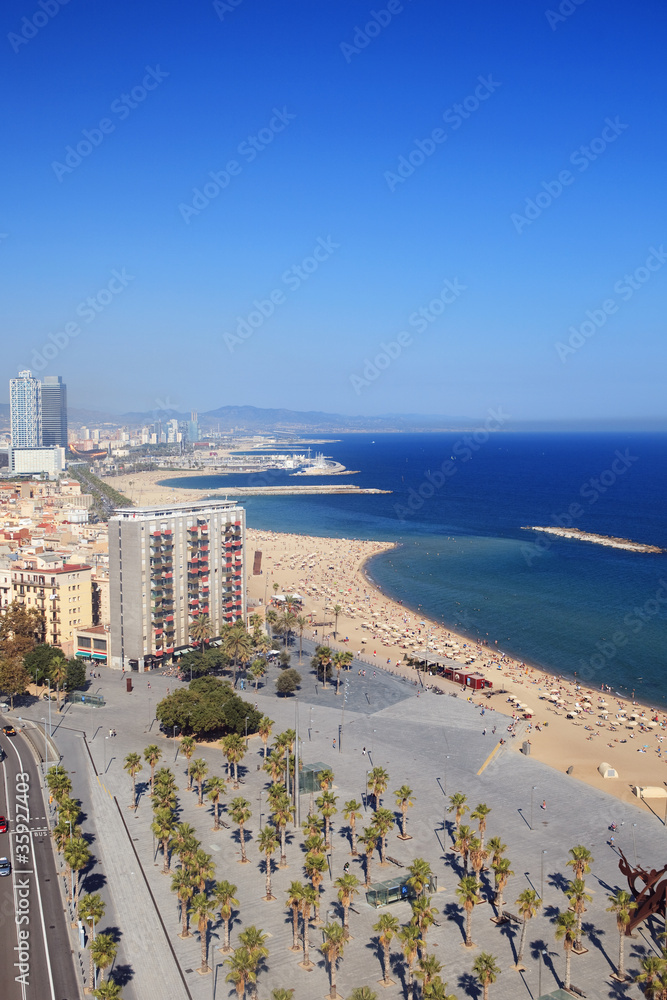 Barceloneta district and beach of Barcelona, Spain
