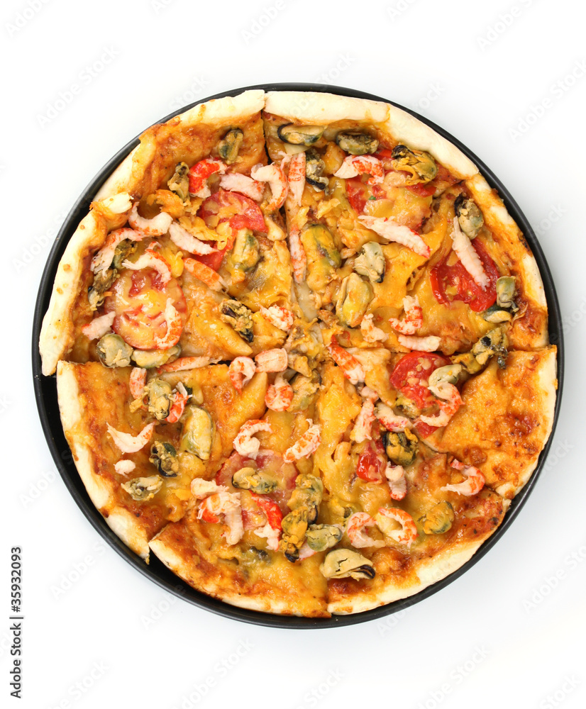 Delicious pizza with seafood on plate isolated on white Delicious pizza with seafood on plate isolated on white