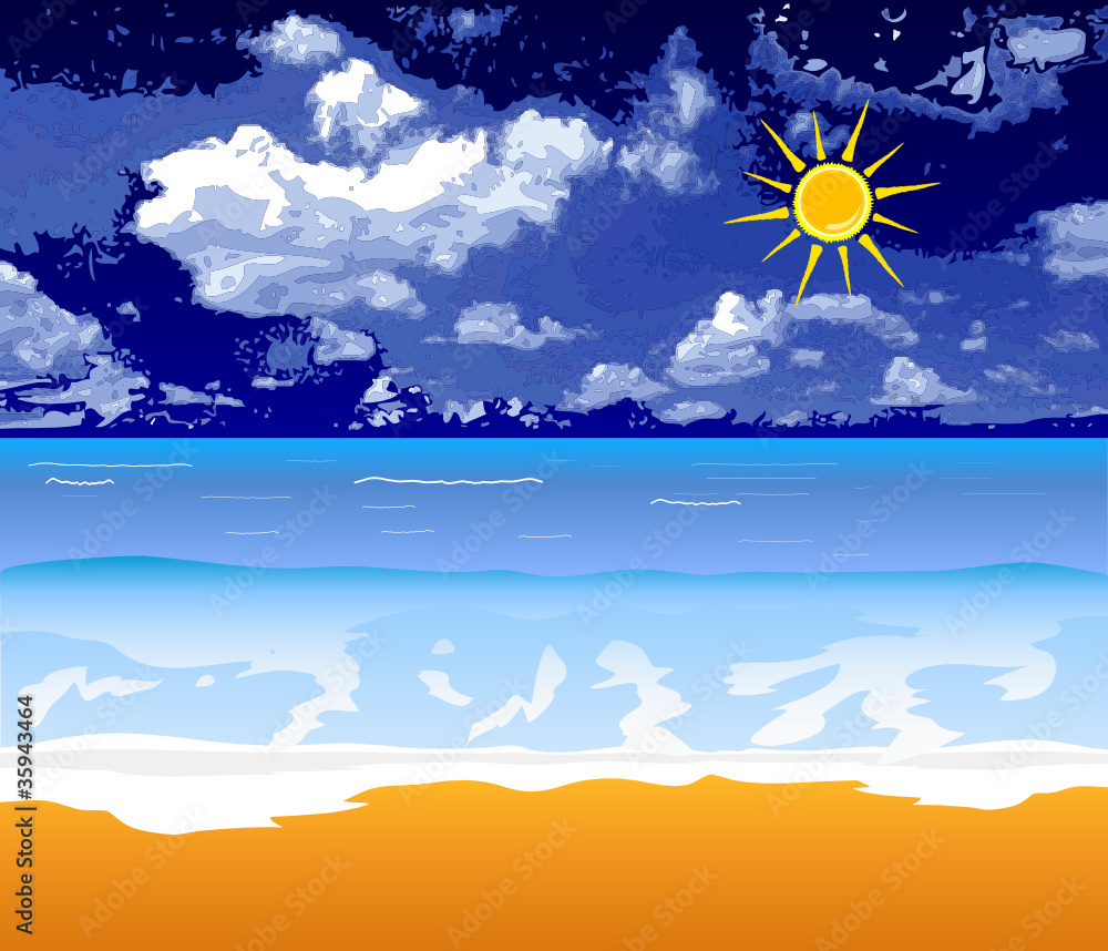 beach vector illustration with sun and cloud