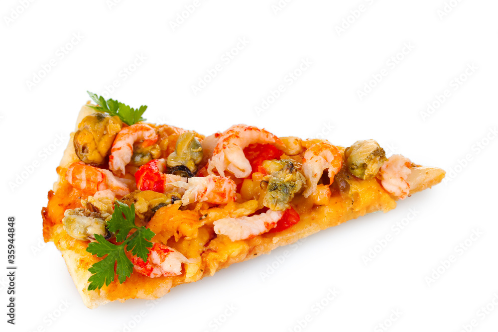 Delicious slice of pizza with seafood isolated on white