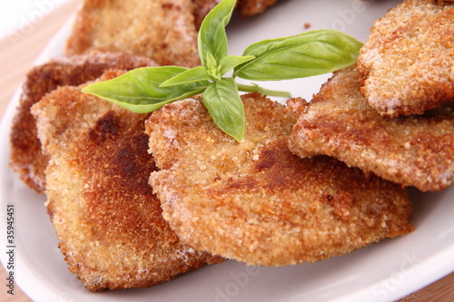 Fried Soy Meat decorated with basil