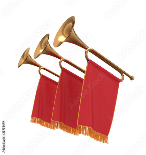 Three trumpets with a red  banners flags pennants. photo