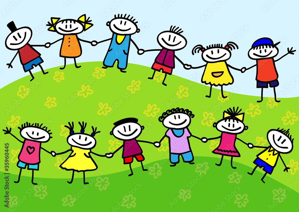 Funny cartoon group of children standing on a green grass Funny cartoon group of children standing on a green grass