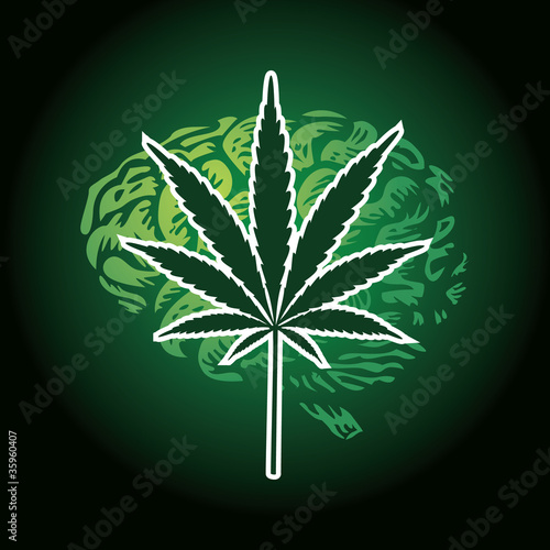 cannabis leaf and human brain background - illustration