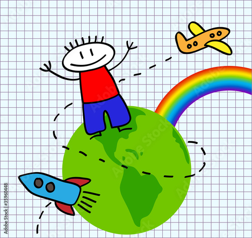 Funny boy, rainbow, green earth and flying rocket
