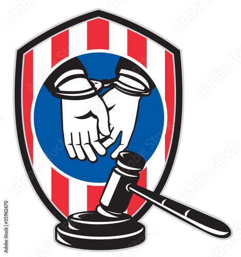 Gavel handcuff hand American stripes shield