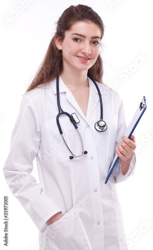 Doctor with medical card. Isolated on a white.