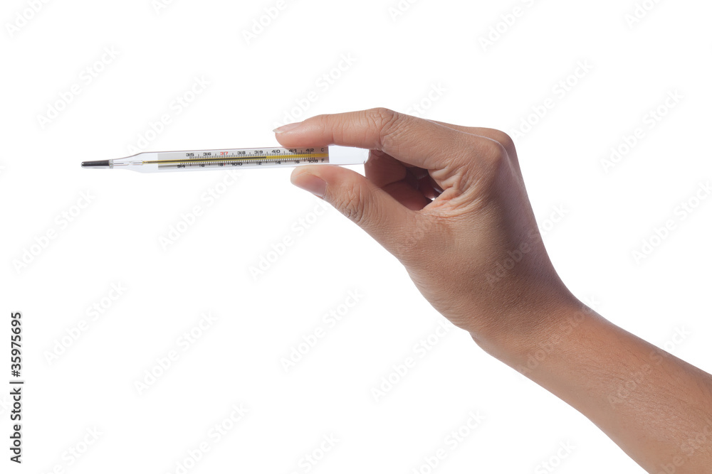 Thermometer in hand isolated with clipping path Thermometer in hand isolated with clipping path