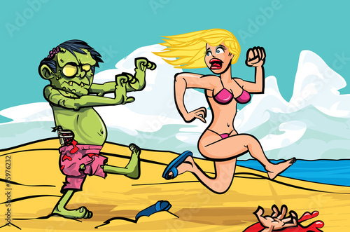 Cartoon zombie chasing a girl on the beach