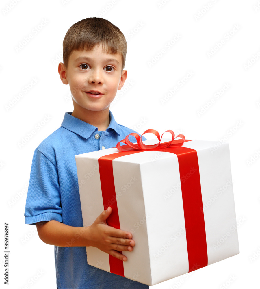 Happy child with gift box isolated on white background Happy child with gift box isolated on white background