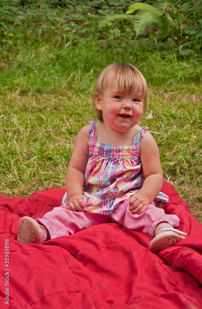 Toddler Girl Sitting on Blanket Outside Toddler Girl Sitting on Blanket Outside