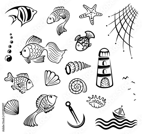 Maritim, Muscheln, Fische, Aquaristik, vector set