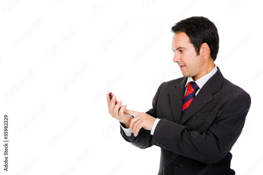 Business man reading a interesting message on his cell phone, is Business man reading a interesting message on his cell phone, is