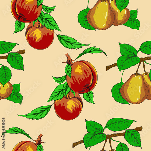 Seamless wallpaper with peaches and pears.