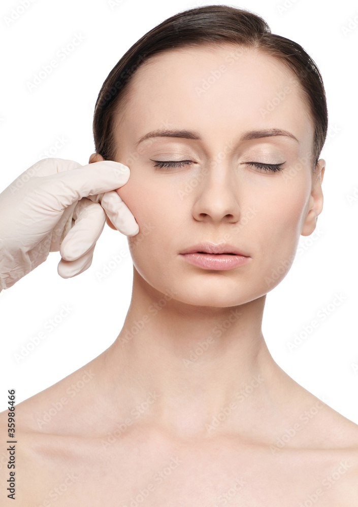 Beautician touch and exam health woman face.