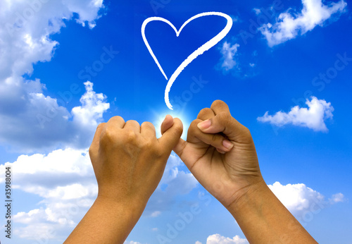Two coupled hands on blue sky.