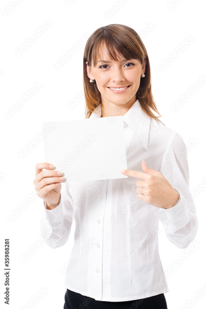 Businesswoman showing blank signboard, on white Businesswoman showing blank signboard, on white