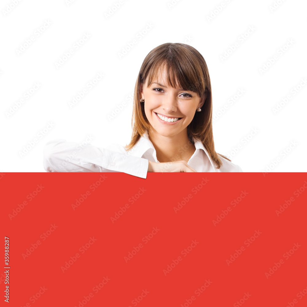 Businesswoman showing blank signboard, on white Businesswoman showing blank signboard, on white