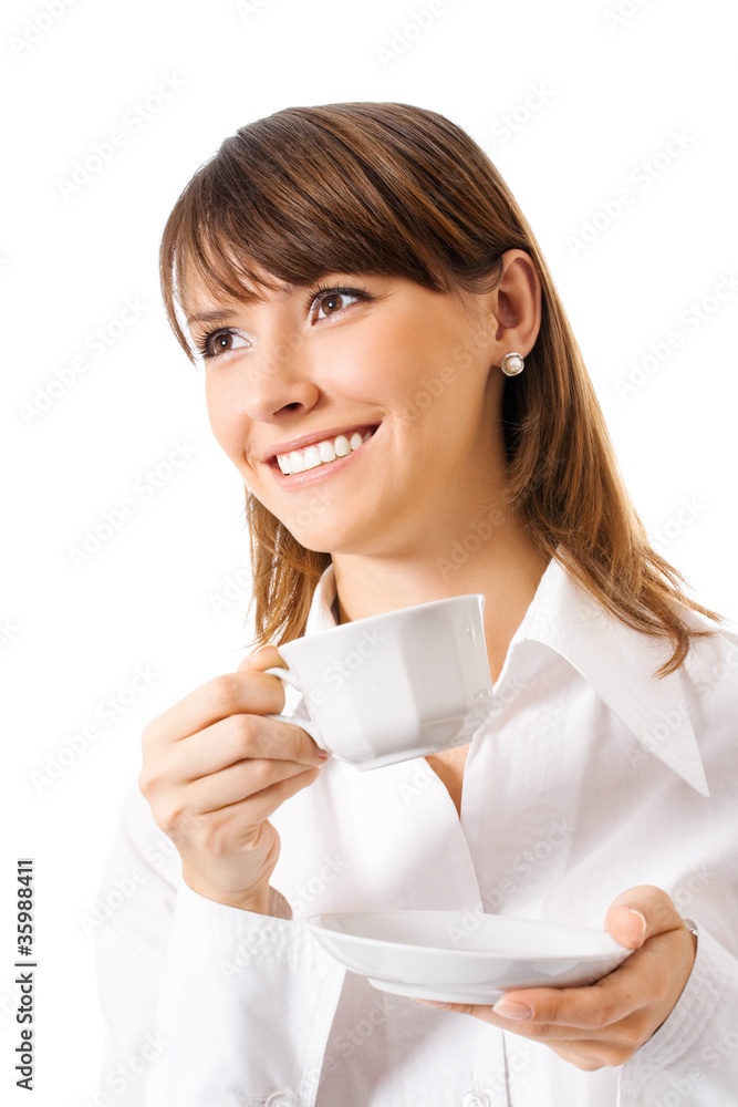 Business woman drinking coffee, isolated Business woman drinking coffee, isolated