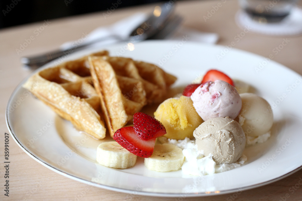 Waffles with ice cream and fruits