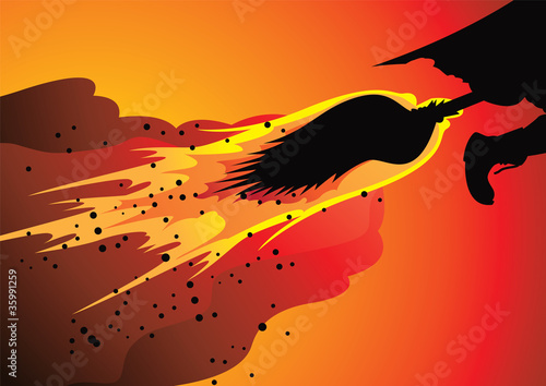 witch launching into air on flaming broom