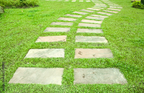 stone way in green grass