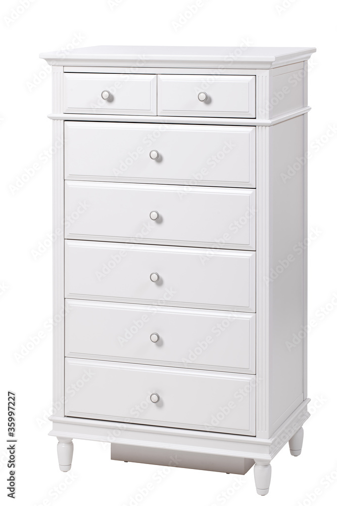 White wooden chest of drawers isolated, with clipping path White wooden chest of drawers isolated, with clipping path