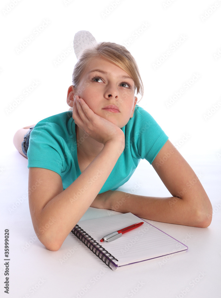 Confused school girl thinking about math homework Confused school girl thinking about math homework