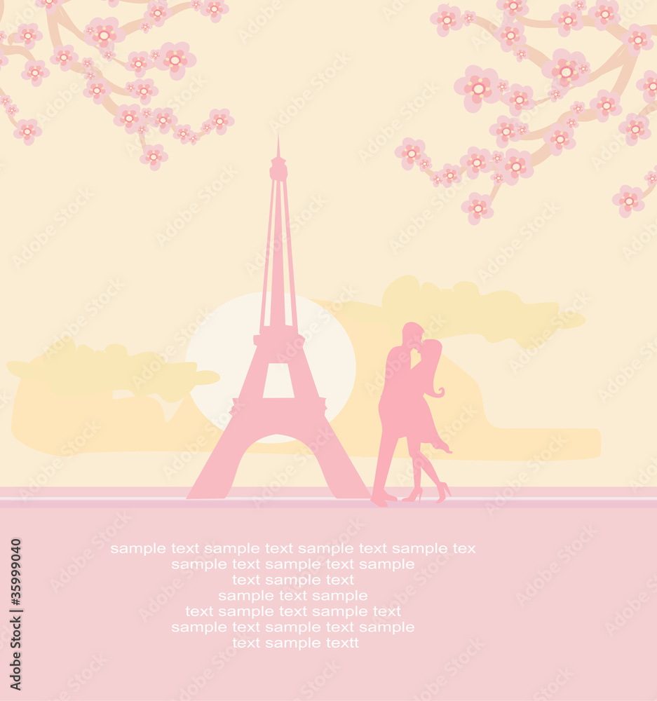 Romantic couple in Paris kissing near the Eiffel Tower.