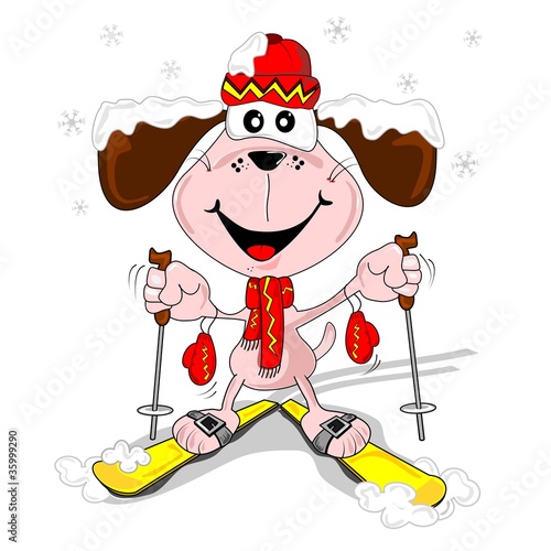 A cartoon dog with skis skiing in the snow