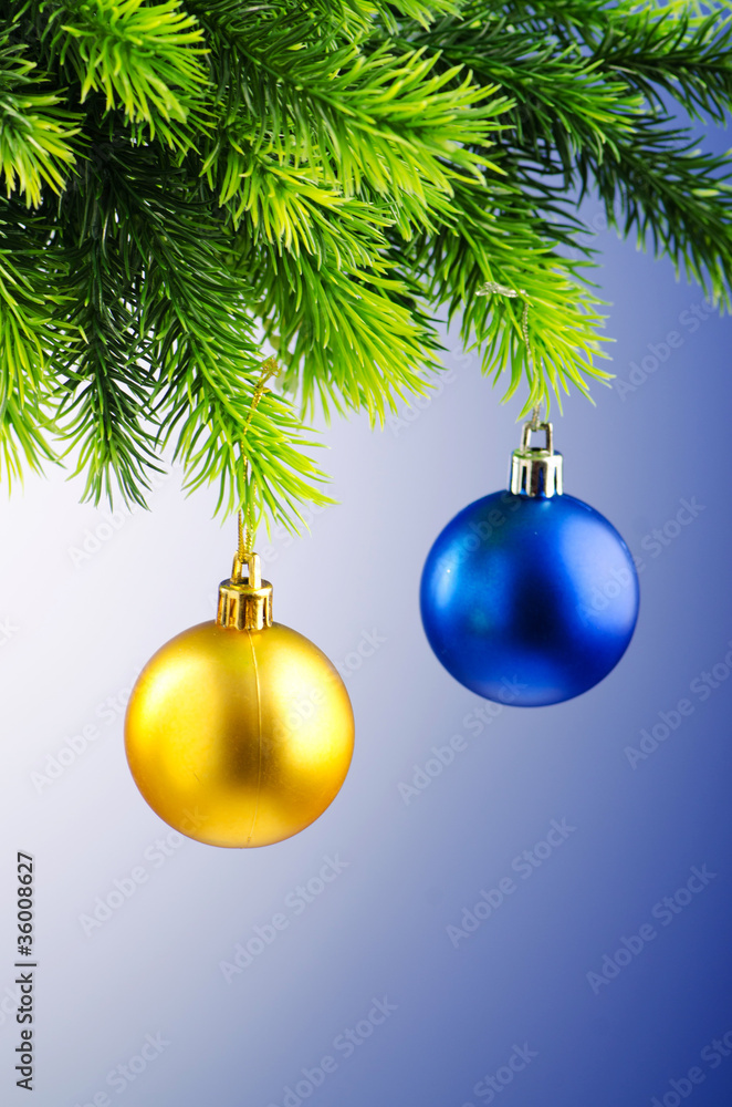 Baubles on christmas tree in celebration concept Baubles on christmas tree in celebration concept