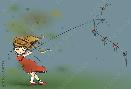 Little girl fly a kite / autumn background
