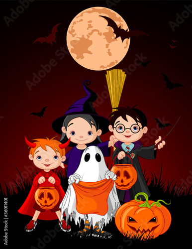 Halloween background with   trick or treating children