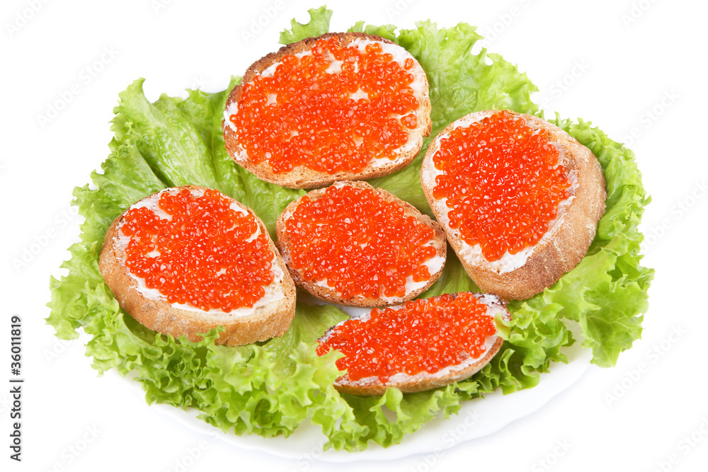 Sandwiches with red caviar on white background Sandwiches with red caviar on white background
