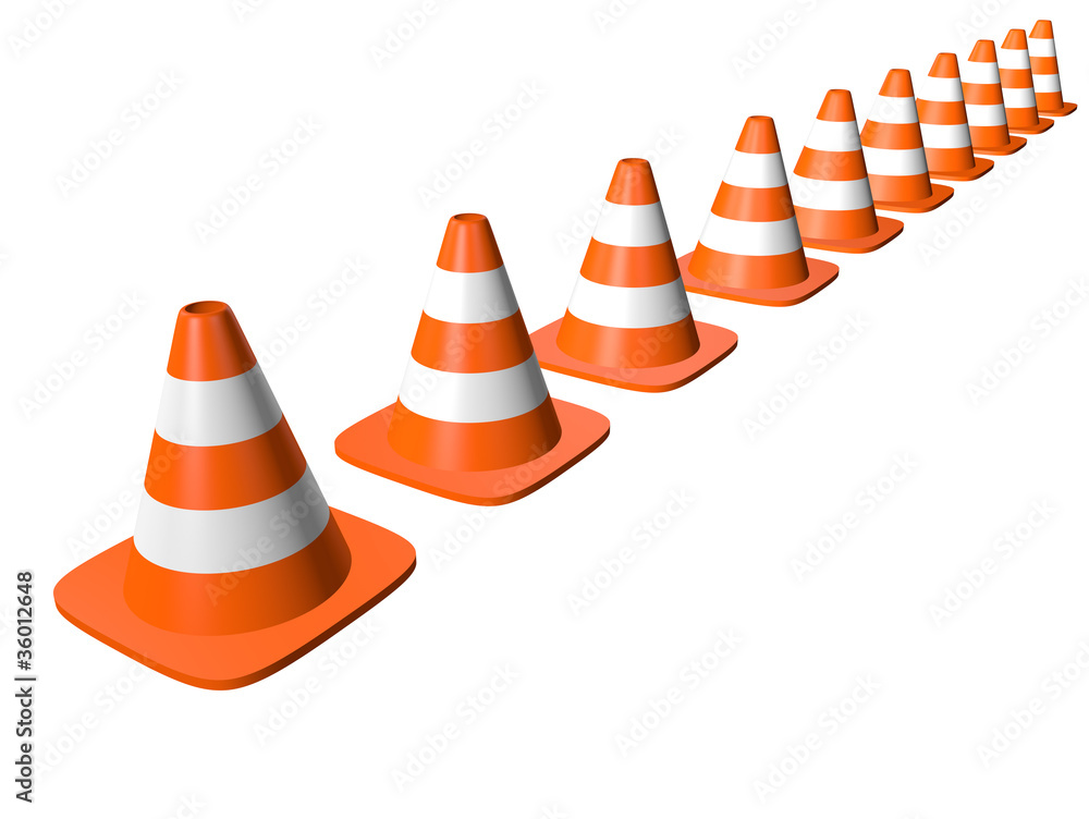 Traffic cones in line. Isolated on white. Render. Traffic cones in line. Isolated on white. Render.