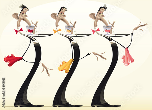 Funny waiters with different wines.Vector illustration.