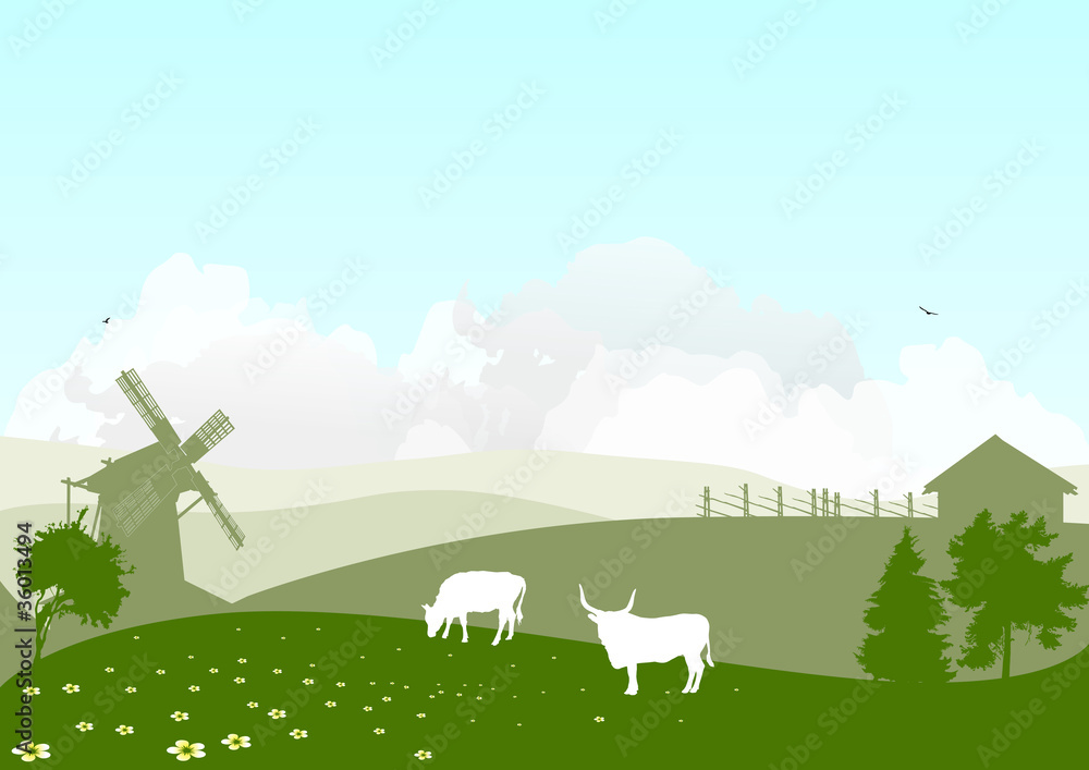 illustration with cows near windmill illustration with cows near windmill