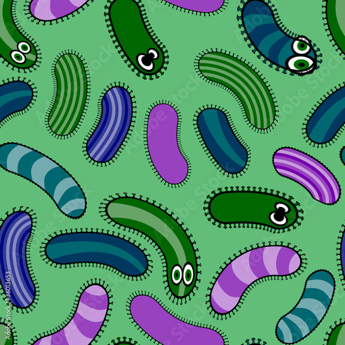Vector green, blue and pink bacterium seamless background