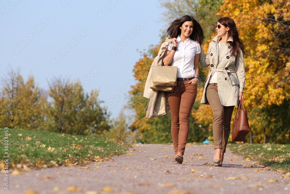 Fototapeta premium Two cheerful girls twins, in the autumn park